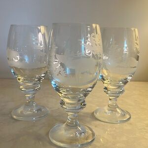 Vintage Kristall crystal etched woodland animals  water goblets Set of 3.